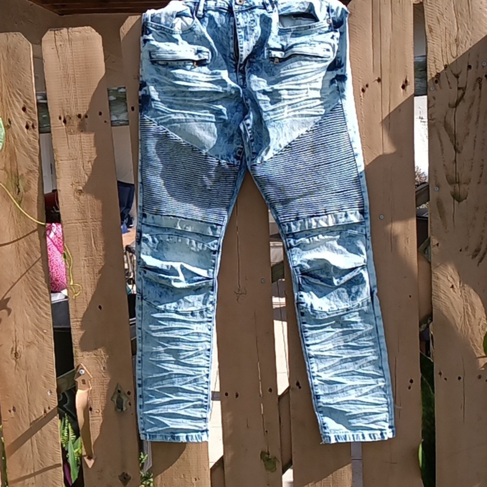 Blue stitch men's jeans slim straight w34 L 32 acid wash blue and white demin